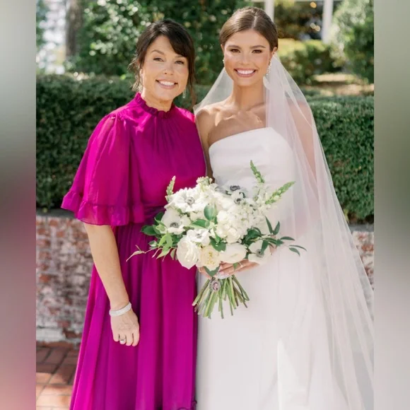 Mac Duggal Ruffled Mock Neck Flutter Sleeve High Low Hem Gown - Picture 4 of 5